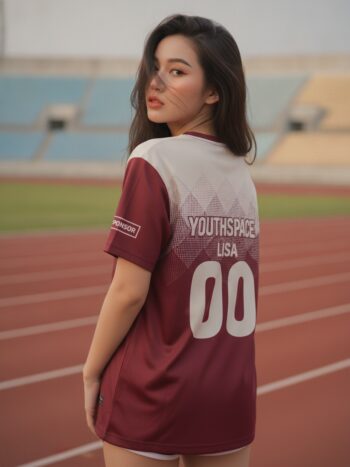 เสื้อกีฬาสีแดง ลายรังผึ้ง 3D ขาว-ดำ สั่งทำใส่ชื่อ ด้านหลัง