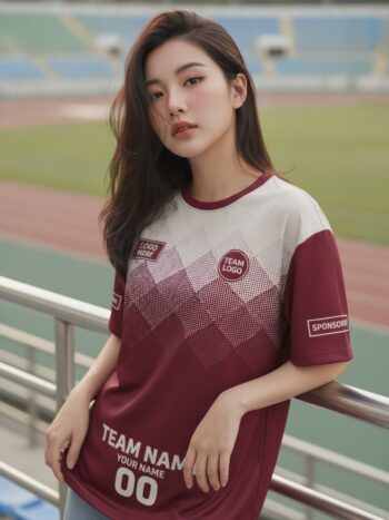 นางแบบใส่เสื้อกีฬาสีแดง ลายรังผึ้ง 3D ขาว-ดำ สั่งทำใส่ชื่อ สั่งทำใส่ชื่อทีม