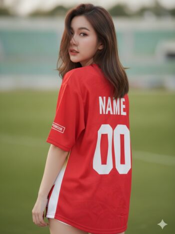 เสื้อกีฬาสีแดง ลายหนามสไปก์ แดง-ขาว-ดำ สั่งทำ ด้านหลัง