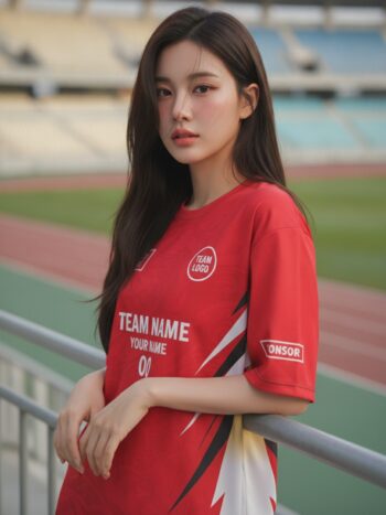นางแบบใส่เสื้อกีฬาสีแดง ลายหนามสไปก์ แดง-ขาว-ดำ สั่งทำ สั่งทำใส่ชื่อทีม