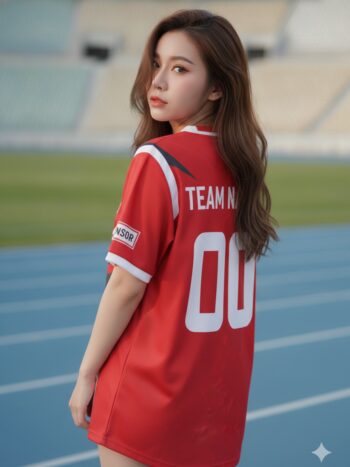 เสื้อกีฬาสีแดง ลายเอ็มเบลม อีสปอร์ต ขาว-ดำ สั่งทำ ด้านหลัง