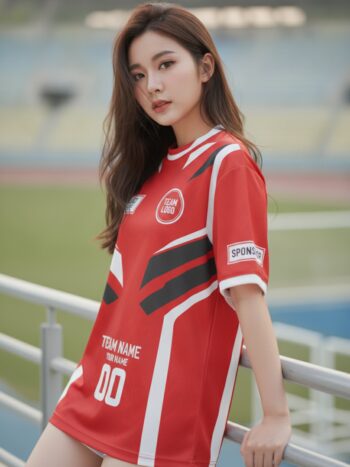 นางแบบใส่เสื้อกีฬาสีแดง ลายเอ็มเบลม อีสปอร์ต ขาว-ดำ สั่งทำ สั่งทำใส่ชื่อทีม