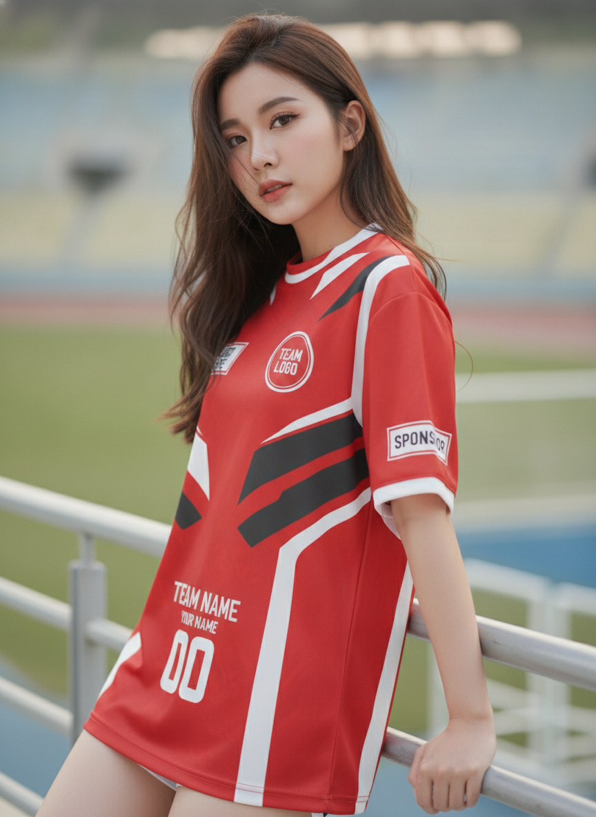 นางแบบใส่เสื้อกีฬาสีแดง ลายเอ็มเบลม อีสปอร์ต ขาว-ดำ สั่งทำ สั่งทำใส่ชื่อทีม