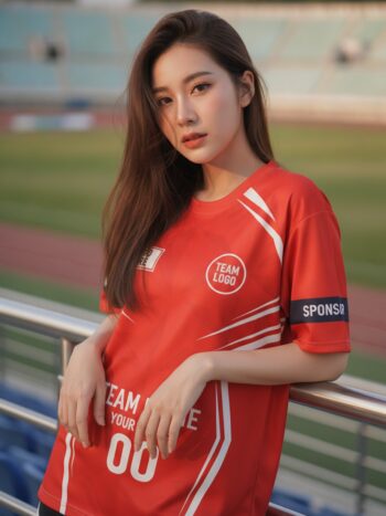 นางแบบใส่เสื้อกีฬาสีแดง ลายเชฟรอนใหญ่ แดง-ขาว-ดำ สั่งทำ สั่งทำใส่ชื่อทีม