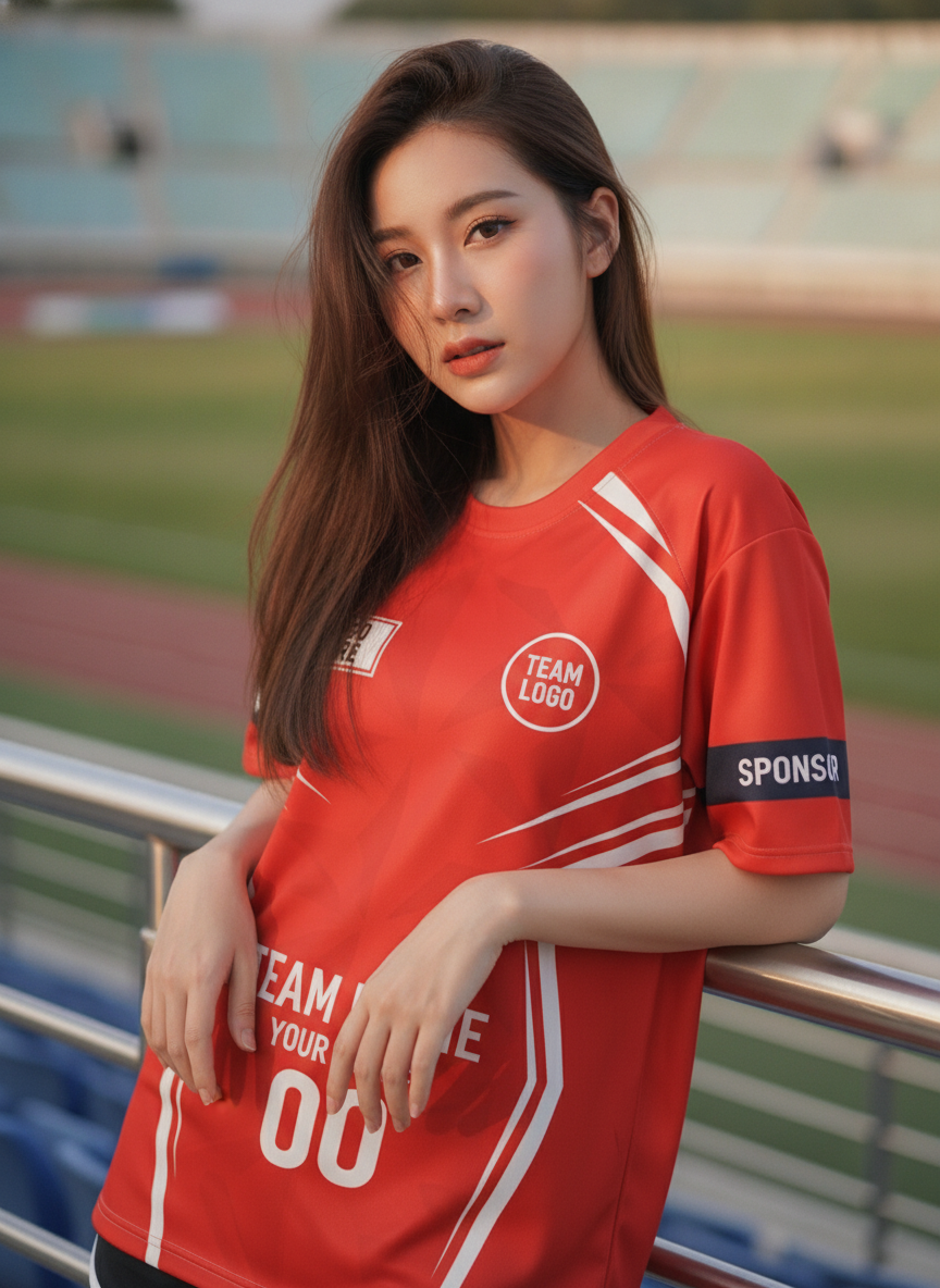 นางแบบใส่เสื้อกีฬาสีแดง ลายเชฟรอนใหญ่ แดง-ขาว-ดำ สั่งทำ สั่งทำใส่ชื่อทีม