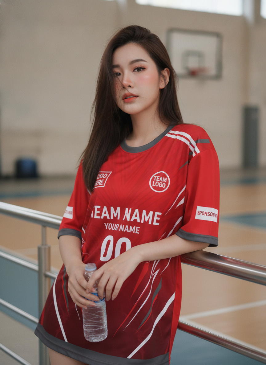 เสื้อกีฬาสีแดง ลายสายฟ้าเรย์ แดงเข้ม-ขาว สั่งทำ มุมที่ 2 เสื้อกีฬาสีแดง ลายสายฟ้าเรย์ แดงเข้ม-ขาว สั่งทำ มุมที่ 2