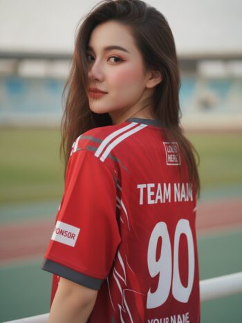เสื้อกีฬาสีแดง ลายสายฟ้าเรย์ แดงเข้ม-ขาว สั่งทำ ด้านหลัง