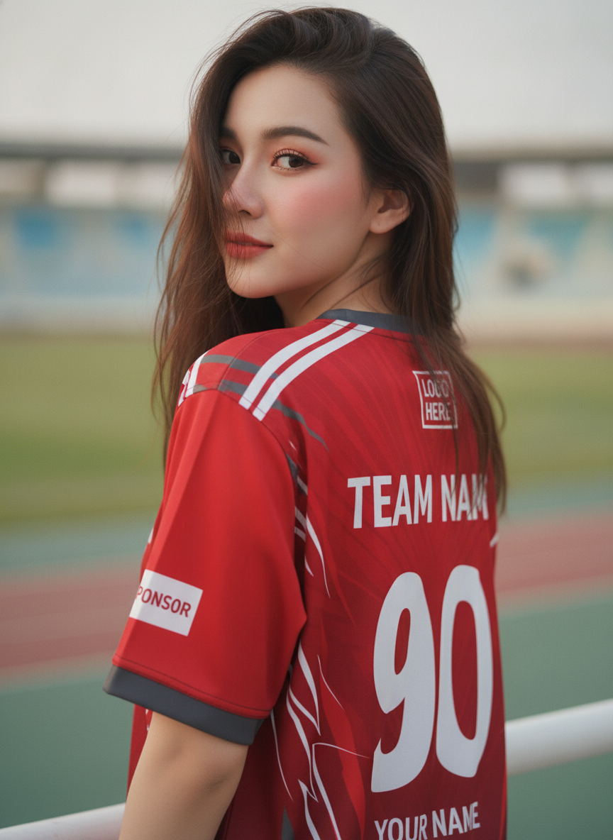 เสื้อกีฬาสีแดง ลายสายฟ้าเรย์ แดงเข้ม-ขาว สั่งทำ ด้านหลัง เสื้อกีฬาสีแดง ลายสายฟ้าเรย์ แดงเข้ม-ขาว สั่งทำ ด้านหลัง