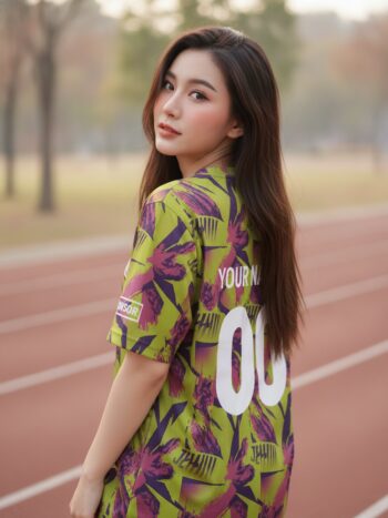 เสื้อวิ่งทีม ลายนีออนไลม์-ชมพูบานเย็น กราฟิกแปรงป้าย สั่งทำ ด้านหลัง