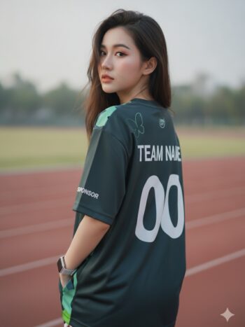 ด้านหลังเสื้อวิ่งทีมลายป่า โทนเขียว-มิ้นท์ พื้นที่ใส่ชื่อทีมและเบอร์