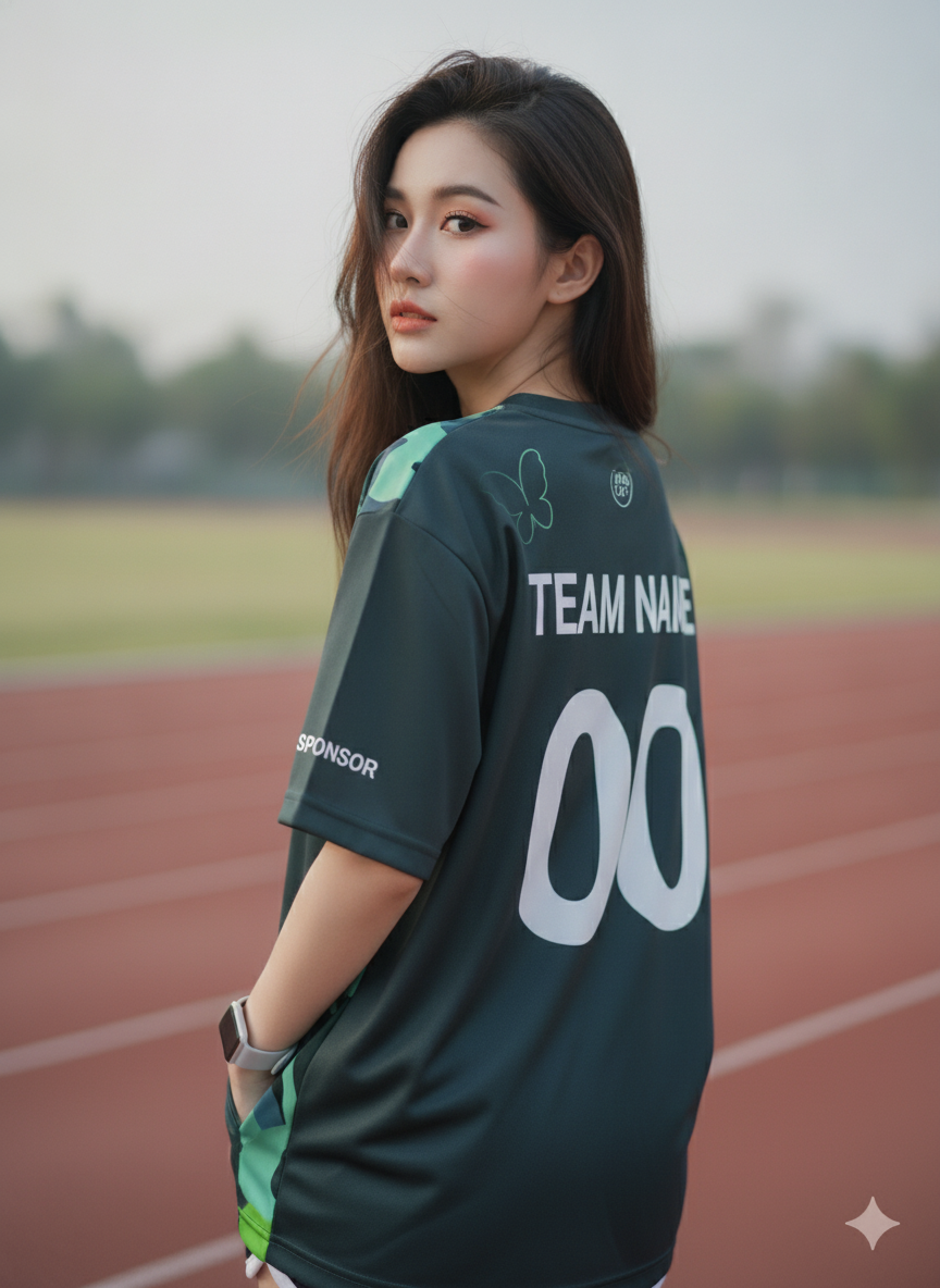 ด้านหลังเสื้อวิ่งทีมลายป่า โทนเขียว-มิ้นท์ พื้นที่ใส่ชื่อทีมและเบอร์ ด้านหลังเสื้อวิ่งทีมลายป่า โทนเขียว-มิ้นท์ พื้นที่ใส่ชื่อทีมและเบอร์