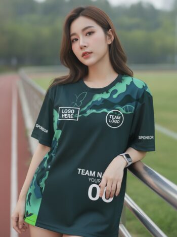 นางแบบใส่เสื้อวิ่งทีมลายป่า โทนเขียวเข้ม-มิ้นท์ ด้านหน้ามีโลโก้ทีมและเบอร์