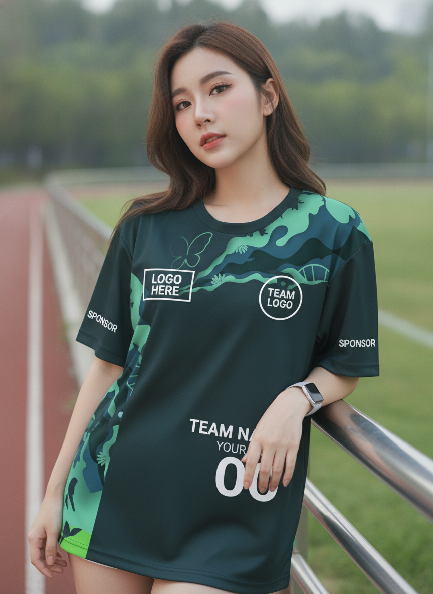 นางแบบใส่เสื้อวิ่งทีมลายป่า โทนเขียวเข้ม-มิ้นท์ ด้านหน้ามีโลโก้ทีมและเบอร์ นางแบบใส่เสื้อวิ่งทีมลายป่า โทนเขียวเข้ม-มิ้นท์ ด้านหน้ามีโลโก้ทีมและเบอร์