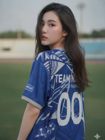 เสื้อกีฬาสีน้ำเงิน ลายแอซเท็กเรขา เท่ สั่งทำ ด้านหลัง