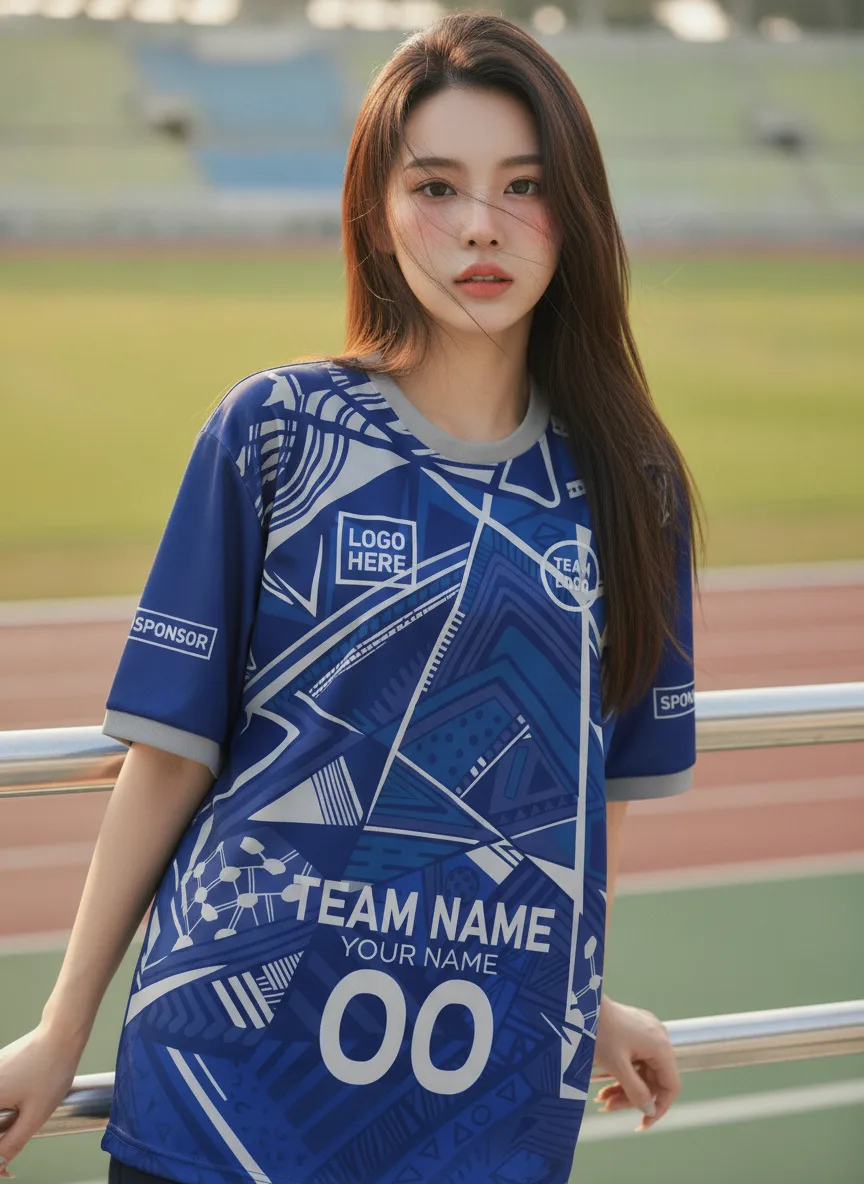 เสื้อกีฬาสีน้ำเงิน ลายแอซเท็กเรขา จาก Jabez