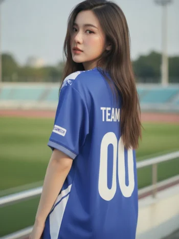เสื้อกีฬาสีน้ำเงินขาว ลายสายฟ้า เท่ สั่งทำ ด้านหลัง