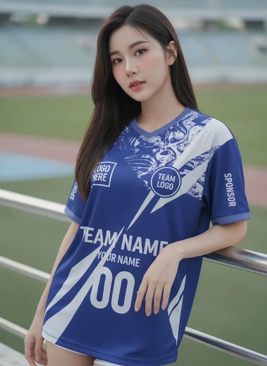 เสื้อกีฬาสีน้ำเงิน ลายสายฟ้าขาว จาก Jabez
