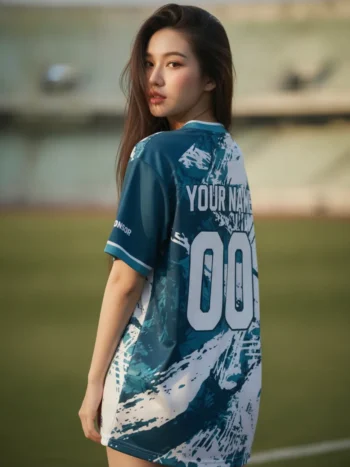 เสื้อกีฬาสีน้ำเงิน ลายพู่กัน น้ำเงิน-ขาว สั่งทำ ด้านหลัง