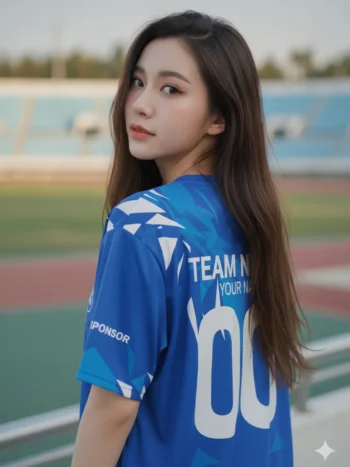 เสื้อกีฬาสีน้ำเงินขาว ลายคริสตัล แตก สั่งทำ ด้านหลัง