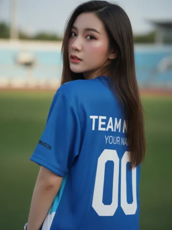 เสื้อกีฬาสีน้ำเงิน ลายเพชรตาราง เท่ สั่งทำ ด้านหลัง