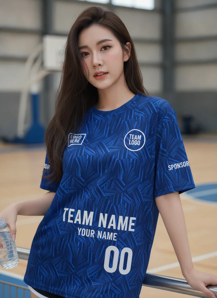 เสื้อกีฬาสีน้ำเงิน ลายขนนก โทนคราม สั่งทำ มุมที่ 2 เสื้อกีฬาสีน้ำเงิน ลายขนนก โทนคราม สั่งทำ มุมที่ 2