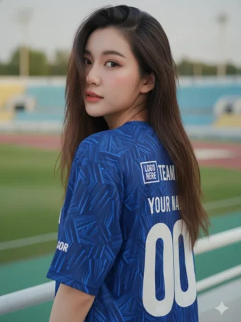เสื้อกีฬาสีน้ำเงิน ลายขนนก โทนคราม สั่งทำ ด้านหลัง