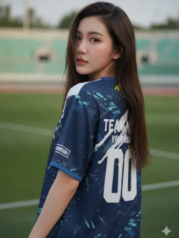 เสื้อกีฬาสีน้ำเงินขาว ลายกรันจ์ ฟ้าตัด สั่งทำ ด้านหลัง