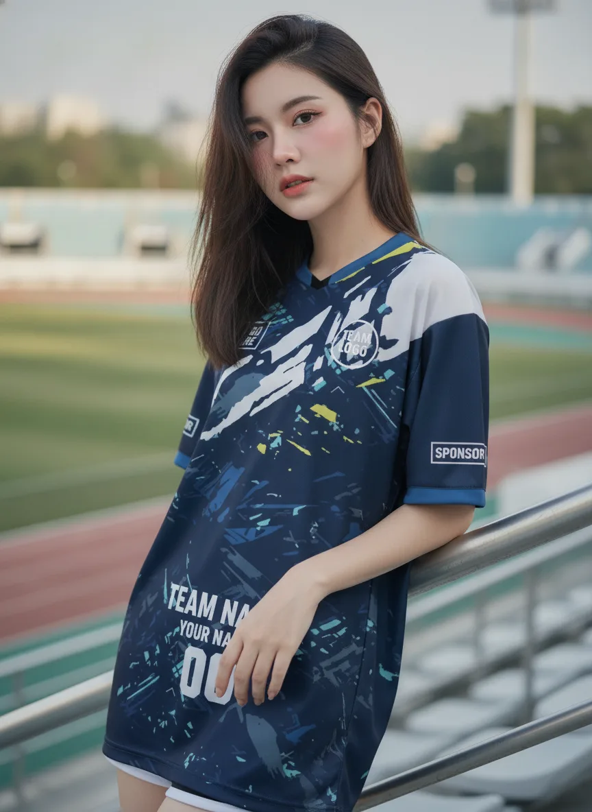 เสื้อกีฬาสีน้ำเงิน ลายกรันจ์ฟ้า-ขาว จาก Jabez