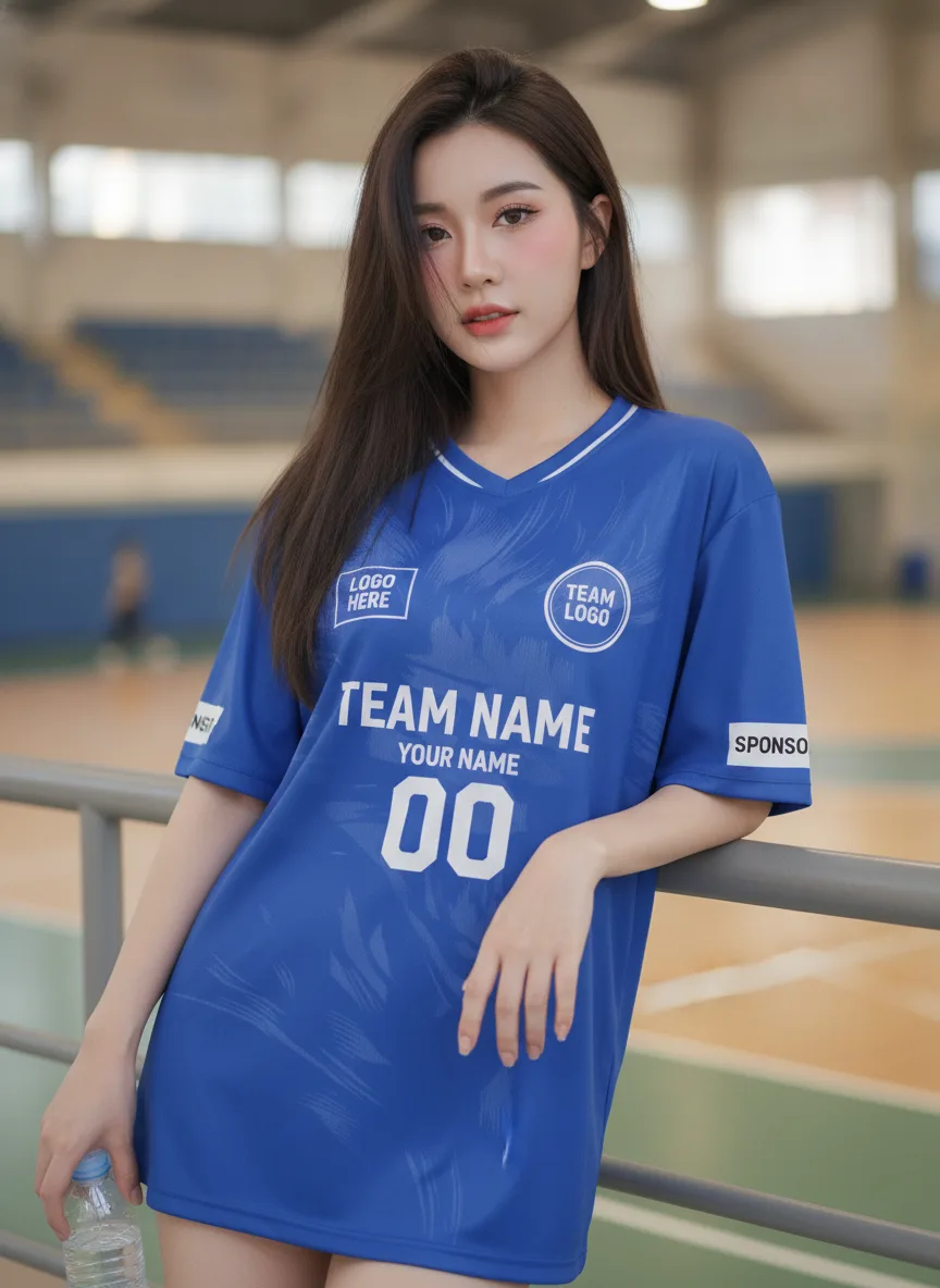 เสื้อกีฬาสีน้ำเงิน ลายมัดหมี่ ขาวตัด สั่งทำ มุมที่ 2 เสื้อกีฬาสีน้ำเงิน ลายมัดหมี่ ขาวตัด สั่งทำ มุมที่ 2