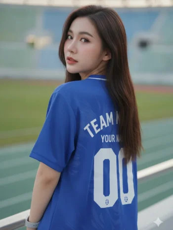 เสื้อกีฬาสีน้ำเงิน ลายมัดหมี่ ขาวตัด สั่งทำ ด้านหลัง
