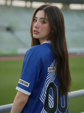 เสื้อกีฬาสีน้ำเงิน ลายเส้นคลื่นออปอาร์ต สั่งทำ ด้านหลัง