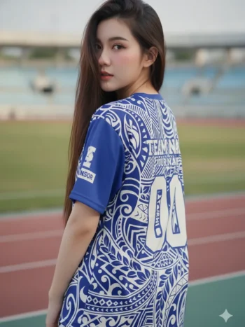 เสื้อกีฬาสีน้ำเงิน ลายเพสลีย์ คราม สั่งทำ ด้านหลัง