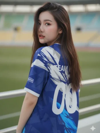 เสื้อกีฬาสีน้ำเงินขาว ลายชาร์ด สายฟ้า สั่งทำ ด้านหลัง