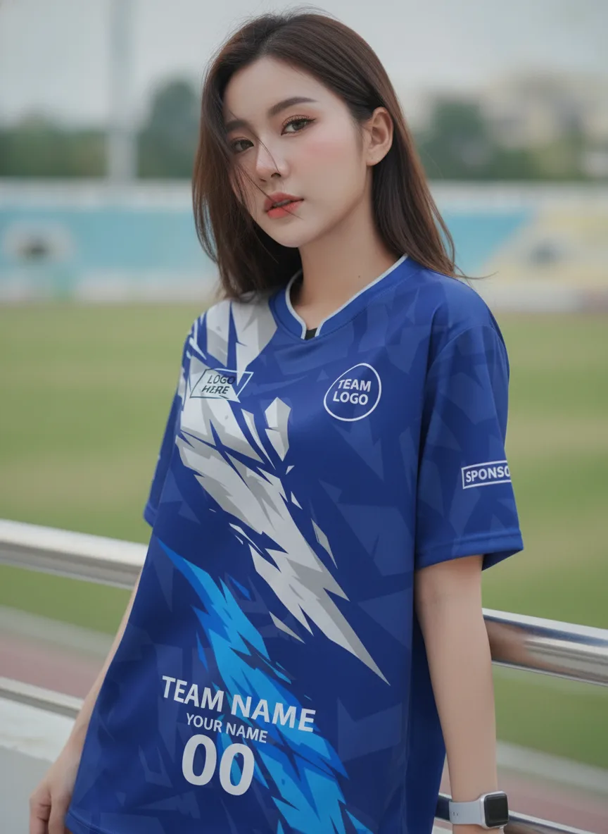 เสื้อกีฬาสีน้ำเงิน ลายชาร์ดสายฟ้าน้ำเงิน-ฟ้า จาก Jabez