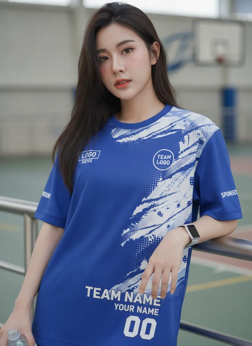 เสื้อกีฬาสีน้ำเงิน ลายสตรีคพู่กัน ขาว สั่งทำ มุมที่ 2 เสื้อกีฬาสีน้ำเงิน ลายสตรีคพู่กัน ขาว สั่งทำ มุมที่ 2