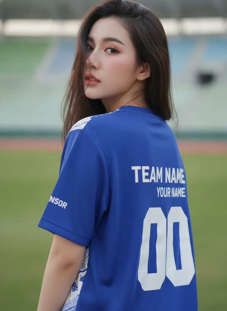 เสื้อกีฬาสีน้ำเงิน ลายสตรีคพู่กัน ขาว สั่งทำ ด้านหลัง เสื้อกีฬาสีน้ำเงิน ลายสตรีคพู่กัน ขาว สั่งทำ ด้านหลัง