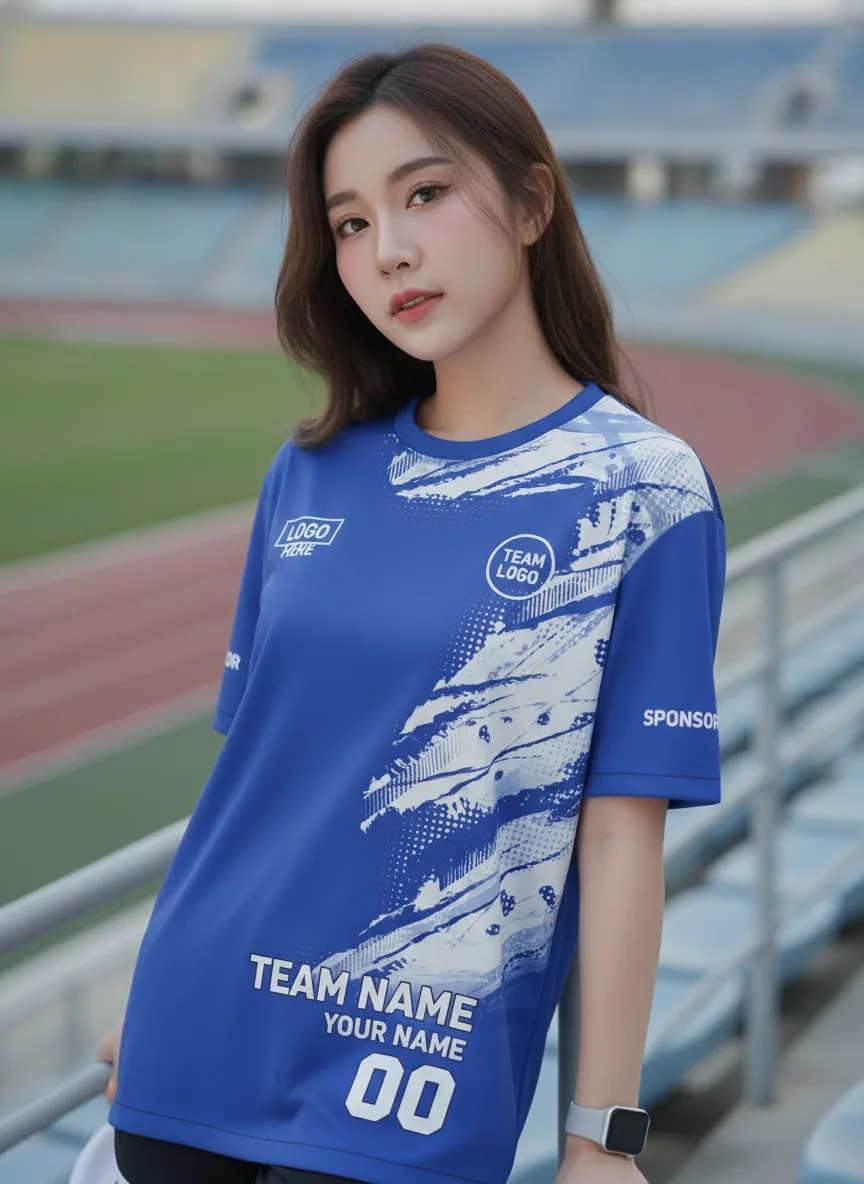 เสื้อกีฬาสีน้ำเงิน ลายสตรีคพู่กันขาว จาก Jabez