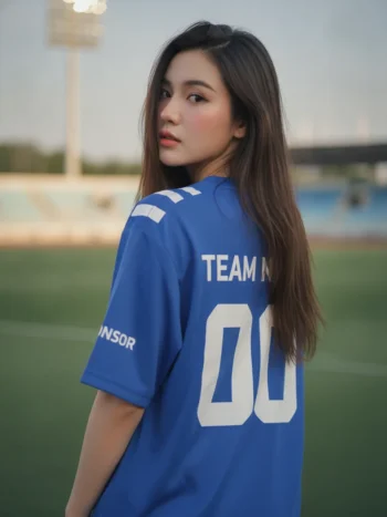 เสื้อกีฬาสีน้ำเงิน ลายเทคเชฟรอน เงิน สั่งทำ ด้านหลัง