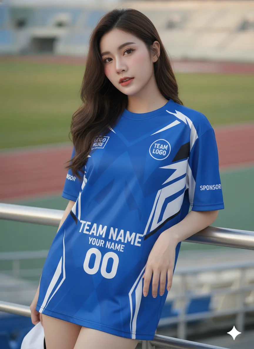 เสื้อกีฬาสีน้ำเงิน ลายไทรบัลสไปก์ จาก Jabez