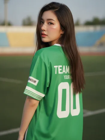 เสื้อกีฬาสีเขียวขาว ลายสายฟ้า เท่ สั่งทำ ด้านหลัง