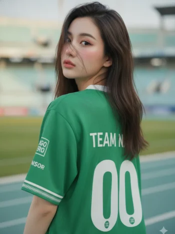 เสื้อกีฬาสีเขียว ลายเดโคขนนก สั่งทำ ด้านหลัง