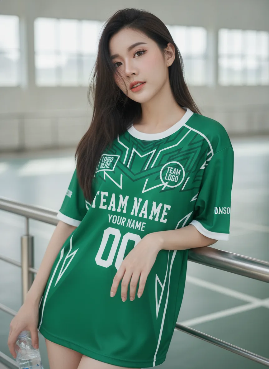 เสื้อกีฬาสีเขียว ลายคาไลโดสโคป สั่งทำ มุมที่ 2 เสื้อกีฬาสีเขียว ลายคาไลโดสโคป สั่งทำ มุมที่ 2