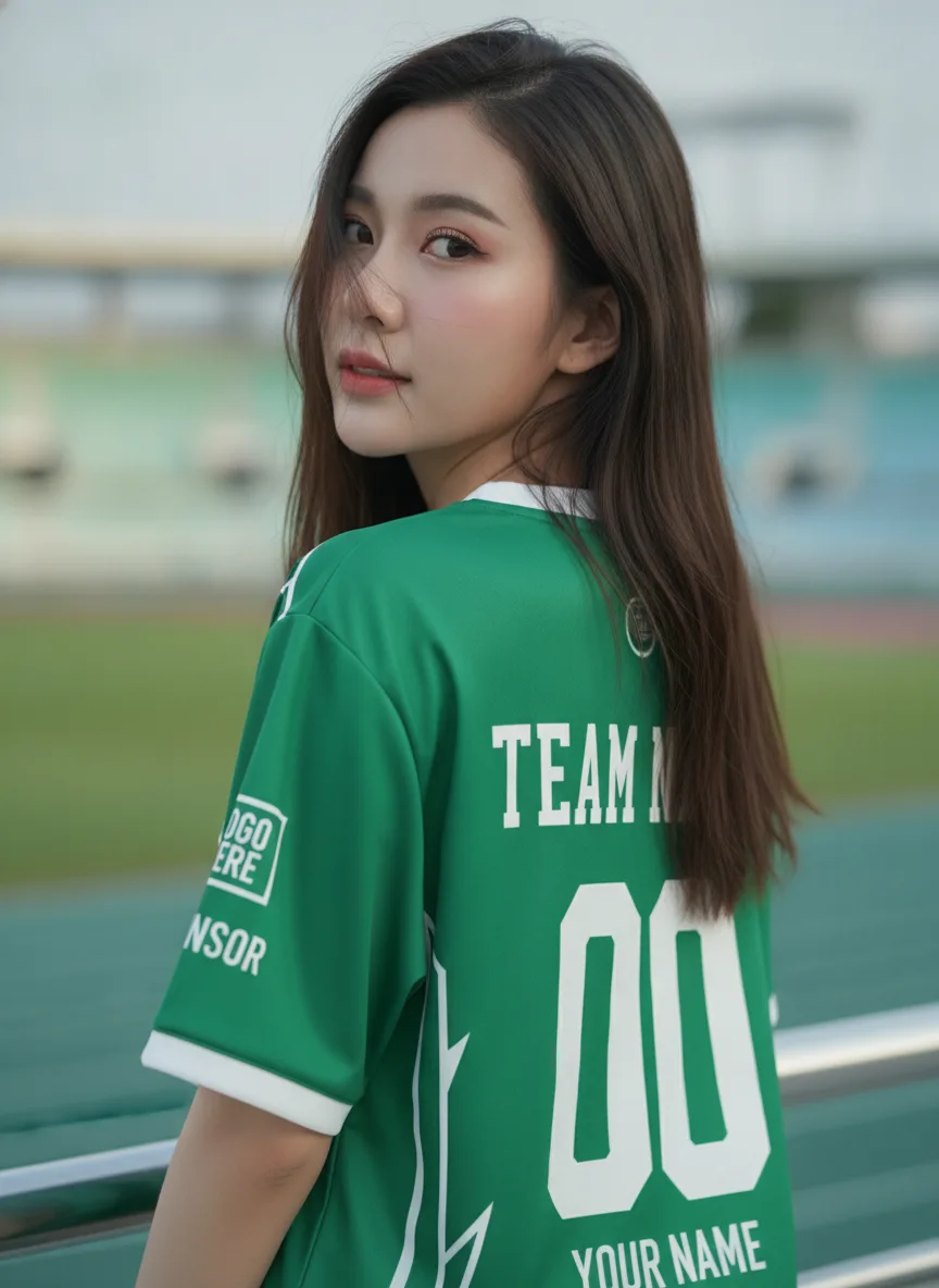 เสื้อกีฬาสีเขียว ลายคาไลโดสโคป สั่งทำ ด้านหลัง เสื้อกีฬาสีเขียว ลายคาไลโดสโคป สั่งทำ ด้านหลัง
