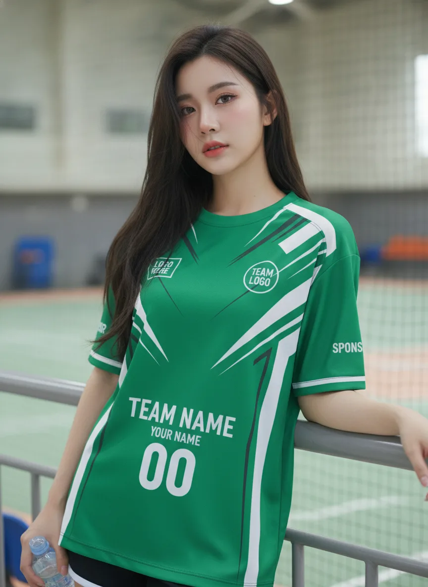 เสื้อกีฬาสีเขียว ลายก้างสน เฟิร์น สั่งทำ มุมที่ 2 เสื้อกีฬาสีเขียว ลายก้างสน เฟิร์น สั่งทำ มุมที่ 2