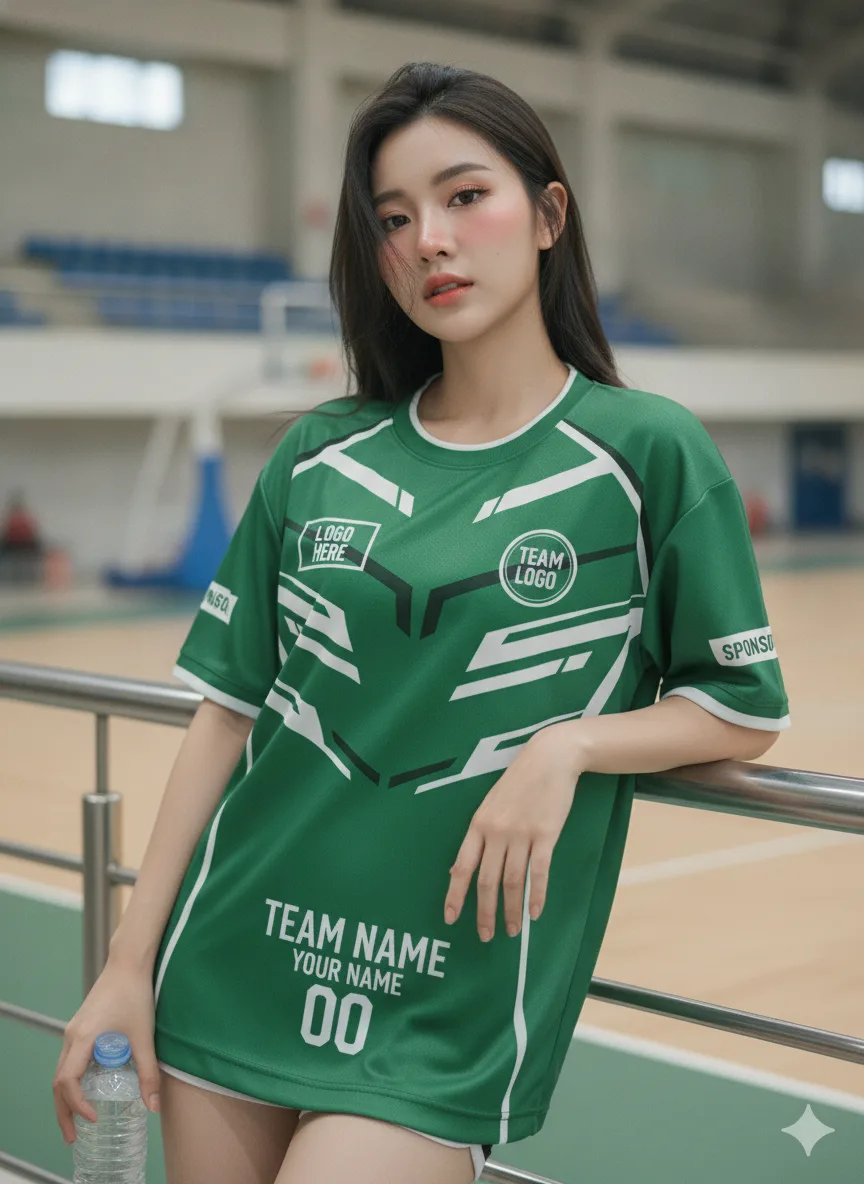 เสื้อกีฬาสีเขียวขาว ลายก้านขนนก สั่งทำ มุมที่ 2 เสื้อกีฬาสีเขียวขาว ลายก้านขนนก สั่งทำ มุมที่ 2