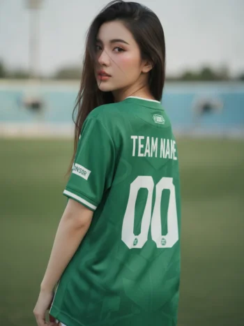 เสื้อกีฬาสีเขียวขาว ลายก้านขนนก สั่งทำ ด้านหลัง