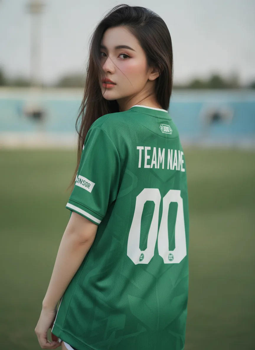 เสื้อกีฬาสีเขียวขาว ลายก้านขนนก สั่งทำ ด้านหลัง เสื้อกีฬาสีเขียวขาว ลายก้านขนนก สั่งทำ ด้านหลัง