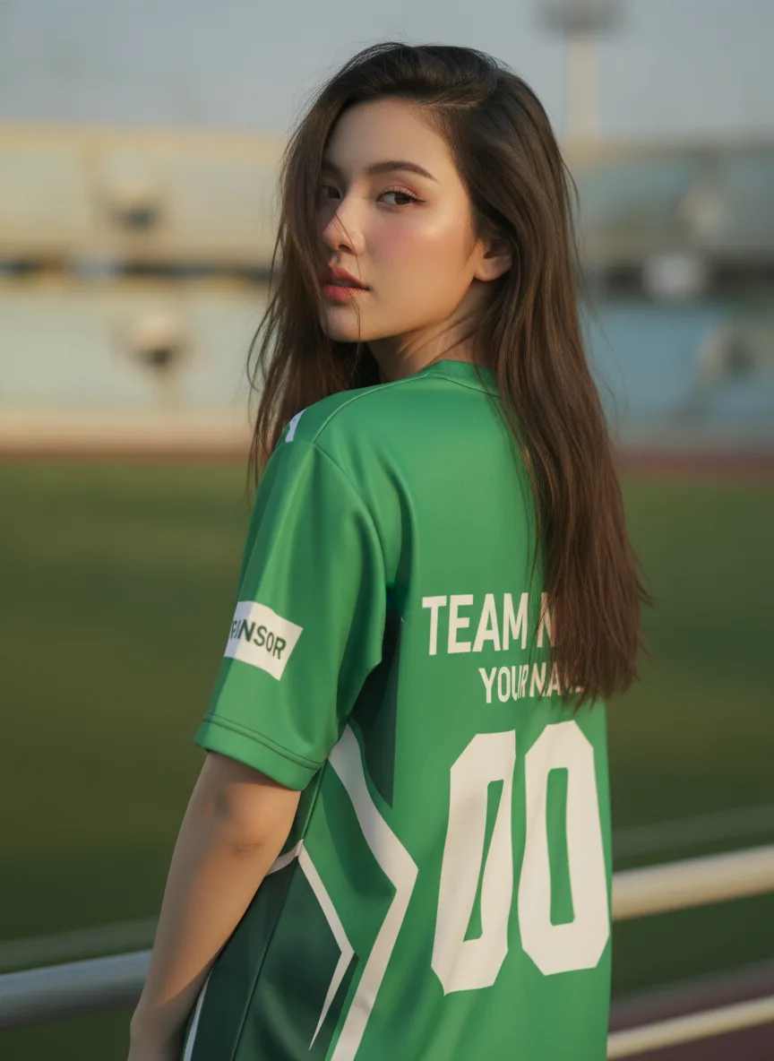 เสื้อกีฬาสีเขียว ลายชาร์ดคริสตัล เท่ สั่งทำ ด้านหลัง เสื้อกีฬาสีเขียว ลายชาร์ดคริสตัล เท่ สั่งทำ ด้านหลัง