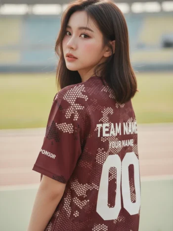 เสื้อกีฬาสีแดงเลือดหมู ลายพรางดอต สั่งทำใส่ชื่อ ด้านหลัง