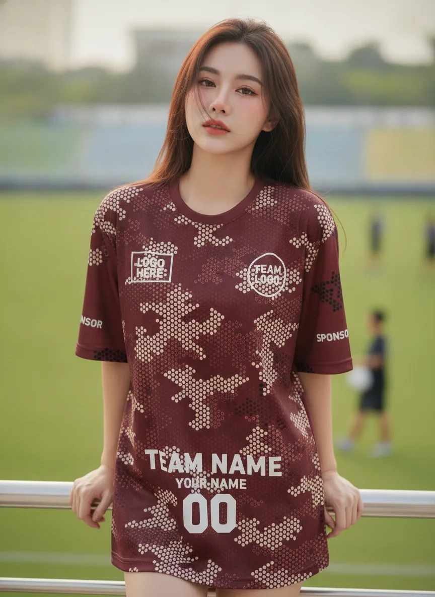 นางแบบใส่เสื้อกีฬาสีแดงเลือดหมู ลายพรางดอต สั่งทำใส่ชื่อ สั่งทำใส่ชื่อทีม